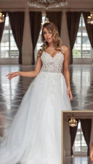 Designer Long A-line V-neck Tulle Sleeveless Wedding Dresses With Lace by misshow.com