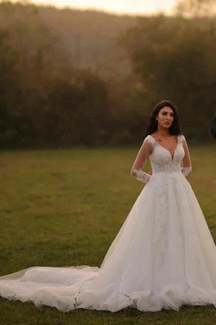 Designer Long A-line V-neck White Lace Wedding Dresses with Long Sleeves by misshow.com