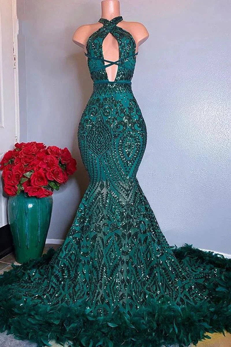 Designer Long Dark Green Halter Sleeveless Lace Prom Dress by misshow.com