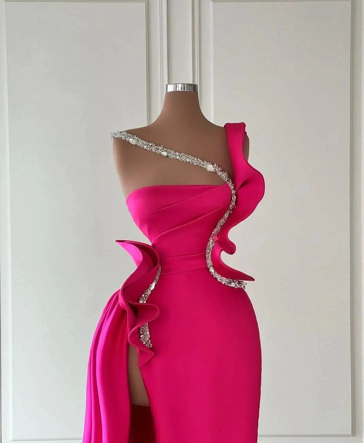 Designer Long Glitter Sleeveless Split Front Prom Dress With Ruffles by misshow.com