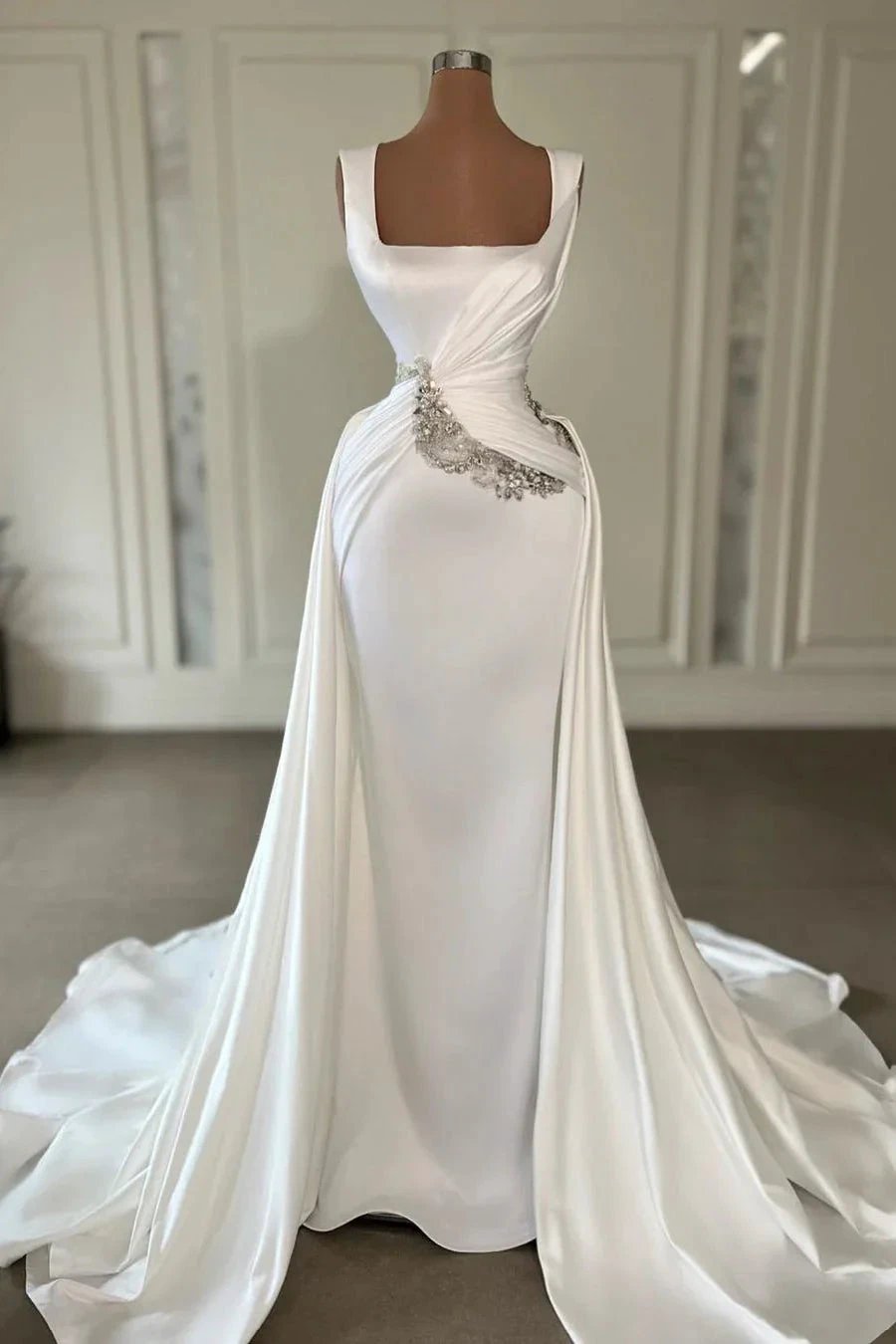 Designer Long Ivory A-line Straps Jewels Sleeveless Wedding Dress With Train by misshow.com