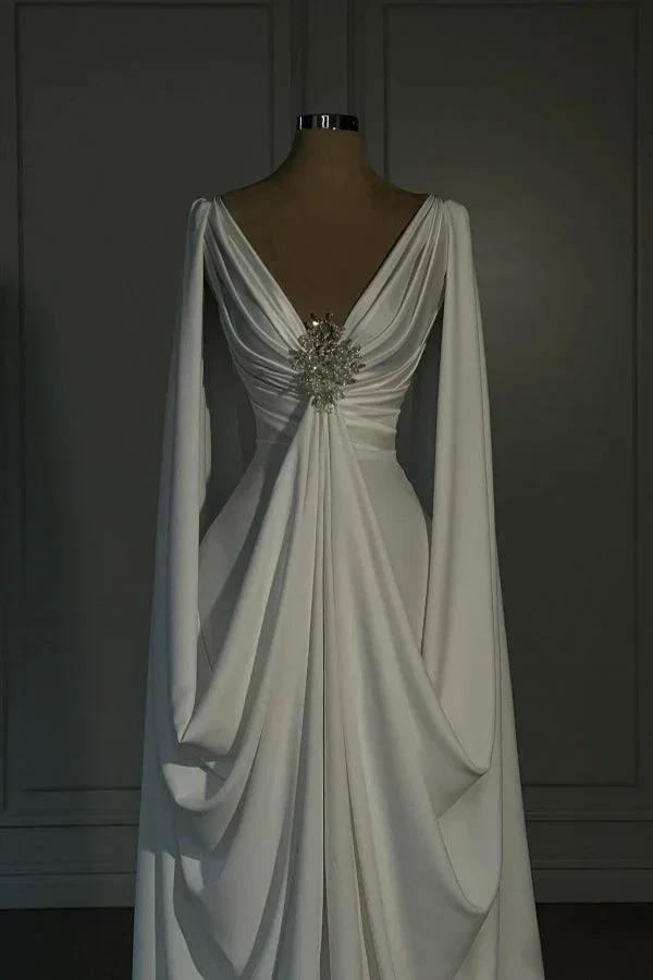 Designer Long Ivory A-line V-neck Satin Wedding Dress with Long Sleeves by misshow.com