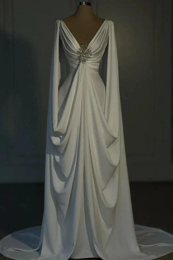 Designer Long Ivory A-line V-neck Satin Wedding Dress with Long Sleeves by misshow.com