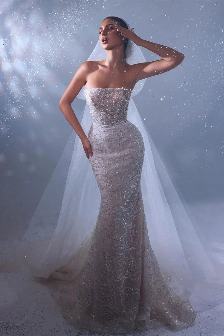 Designer Long Mermaid Sleeveless Lace Wedding Dress With Train by misshow.com