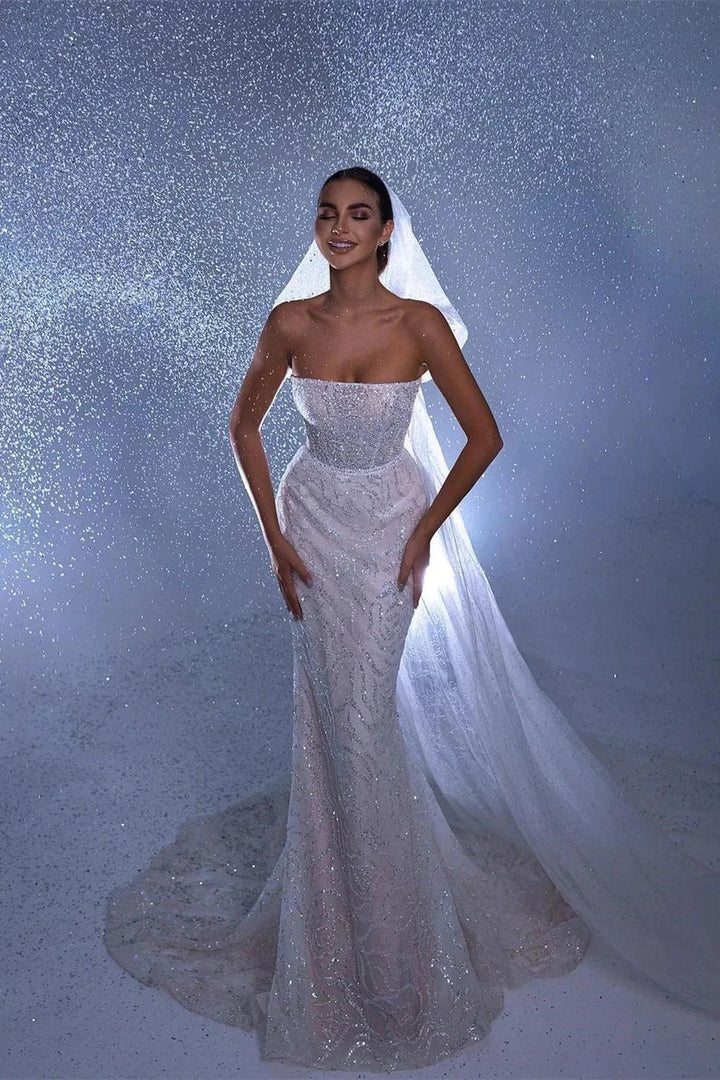 Designer Long Mermaid Sleeveless Lace Wedding Dress With Train by misshow.com