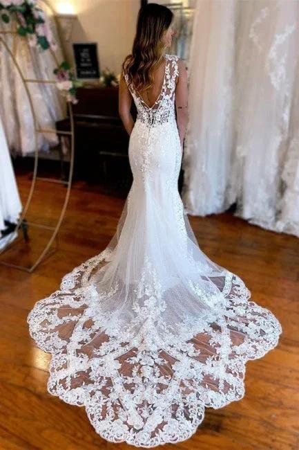 Designer Long Mermaid V-neck Backless Lace Sleeveless Wedding Dresses With Train by misshow.com