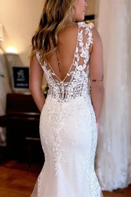 Designer Long Mermaid V-neck Backless Lace Sleeveless Wedding Dresses With Train by misshow.com