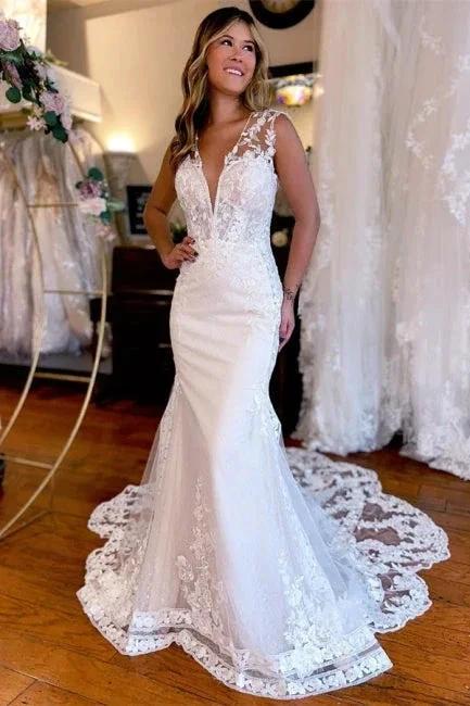 Designer Long Mermaid V-neck Backless Lace Sleeveless Wedding Dresses With Train by misshow.com