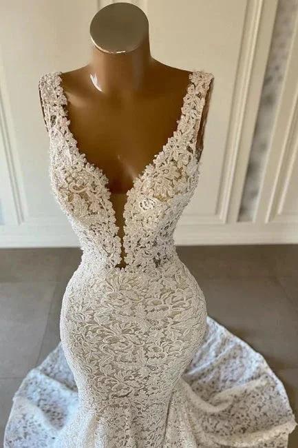Designer Long Mermaid V-neck Sleeveless Wedding Dresses With Lace by misshow.com
