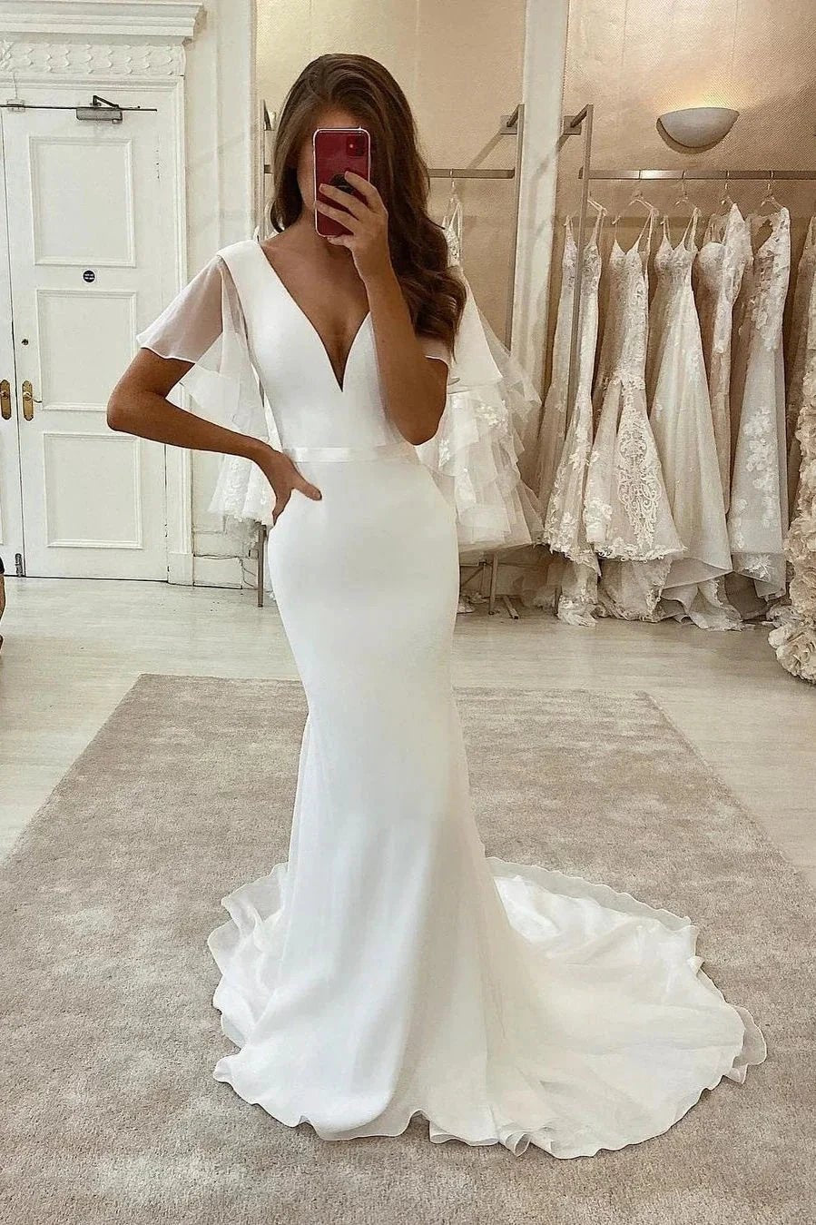 Designer Long Mermaid White Satin Tulle Short Sleeves Wedding Dress With Train by misshow.com