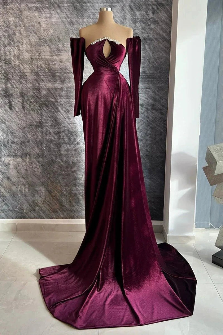 Designer Long Velvet Sequined Long Sleeves Prom Dress With Train by misshow.com