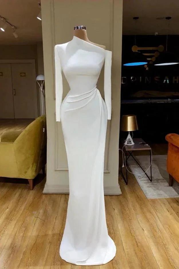 Designer Long White Mermaid One Shoulder Prom Dress With Long Sleeves by misshow.com