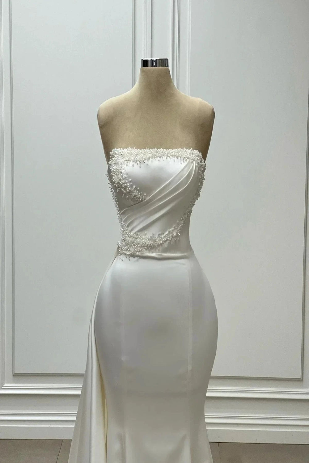 Designer Mermaid Satin Strapless Sleeveless Ivory Wedding Dress With Beading by misshow.com