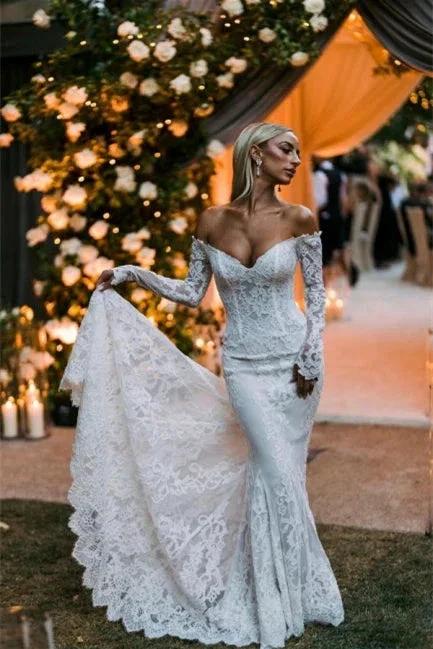 Designer Off-the-shoulder Long Sleeves Mermaid Wedding Dresses With Lace by misshow.com