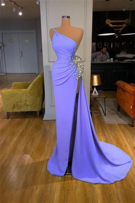 Designer Purple One Shoulder Beading Sleeveless Prom Dress With Slit by misshow.com
