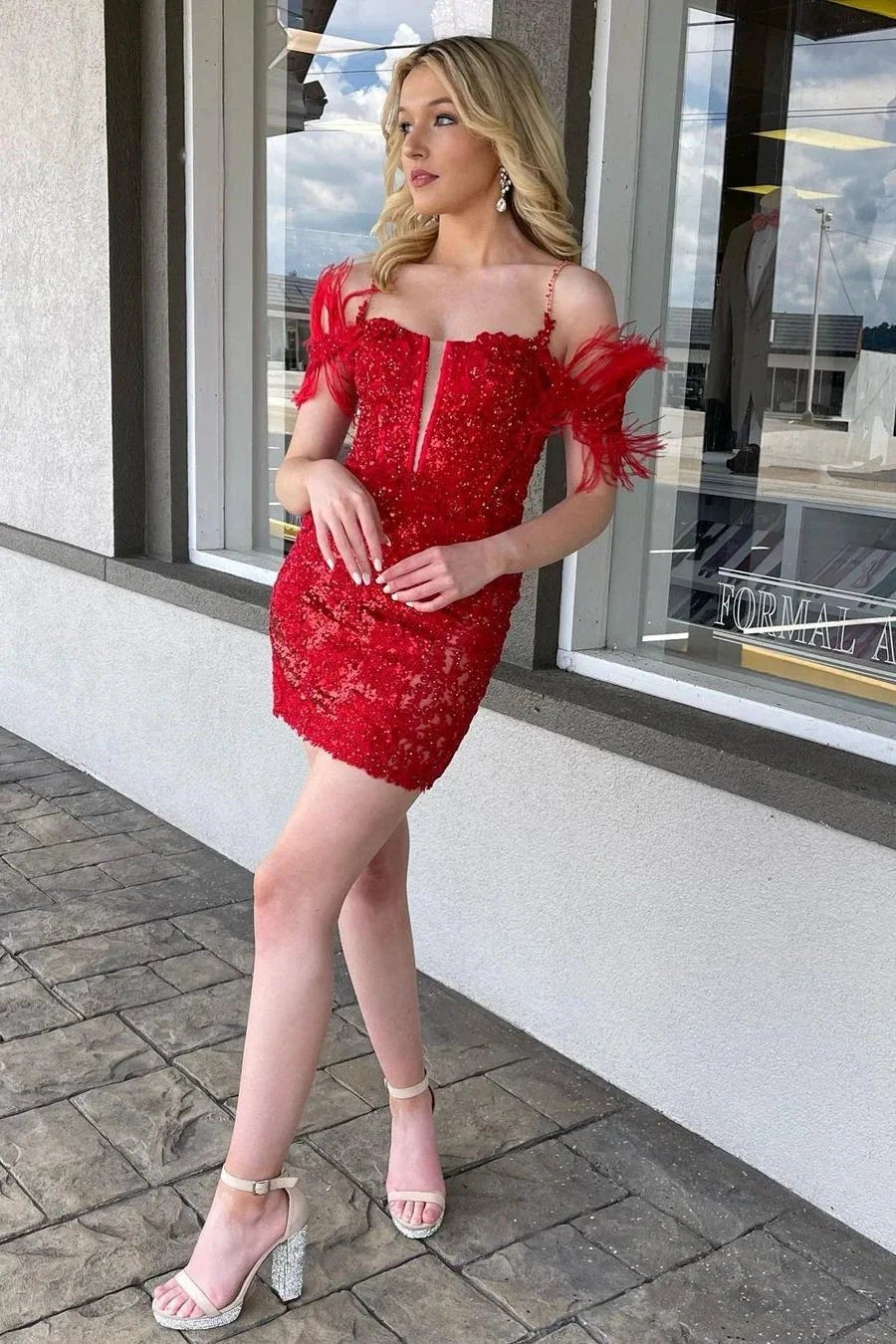 Designer Red Off-the-shoulder Beading Feather Homecoming Dress by misshow.com