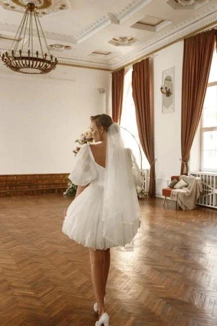 Designer Short White Off-the-shoulder Tulle Glitter Wedding Dress with Sleeves by misshow.com