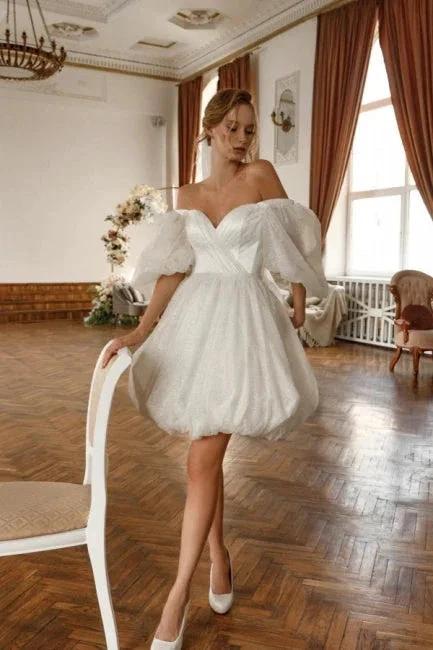 Designer Short White Off-the-shoulder Tulle Glitter Wedding Dress with Sleeves by misshow.com