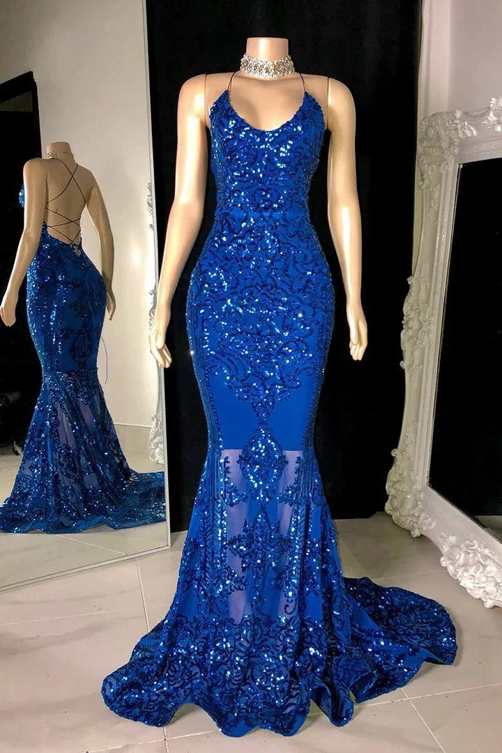 Designer Spaghetti Straps Long Mermaid Lace Sleeveless Prom Dress by misshow.com