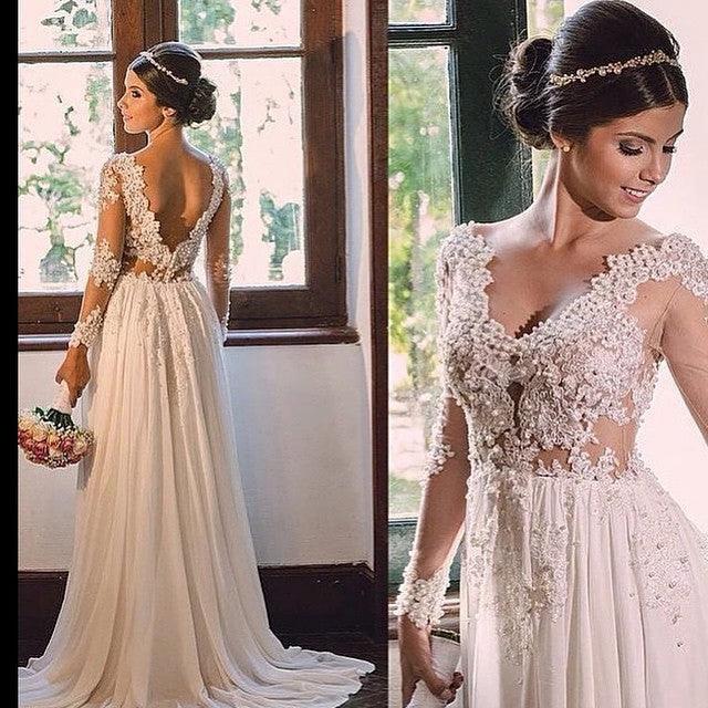Designer Sweep Train Chiffon V-Neck Lace Backless Wedding Dress by misshow.com