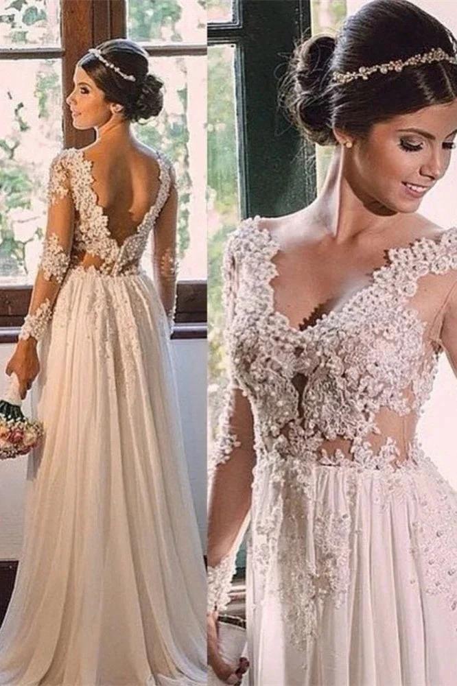 Designer Sweep Train Chiffon V-Neck Lace Backless Wedding Dress by misshow.com