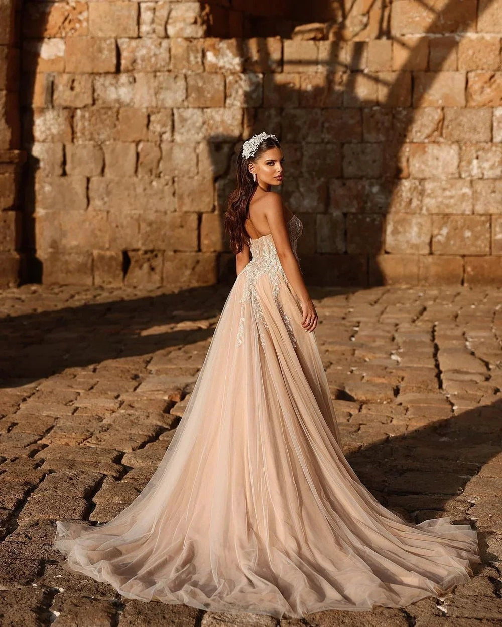 Designer Sweetheart Long A-line Glitter Lace Wedding Dress With Slit by misshow.com