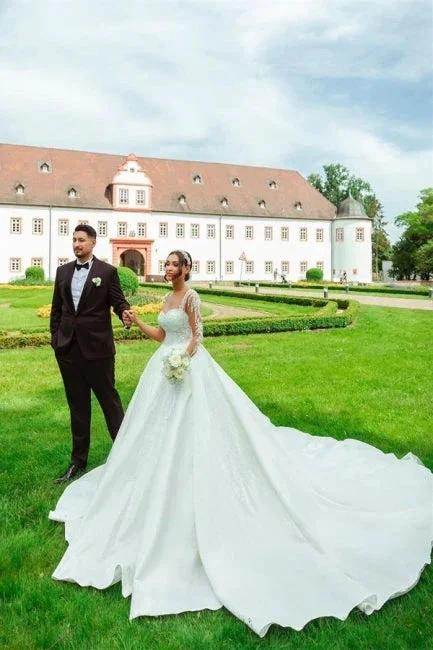 Designer Sweetheart Long White Satin Lace Wedding Dresses With Long Sleeves by misshow.com