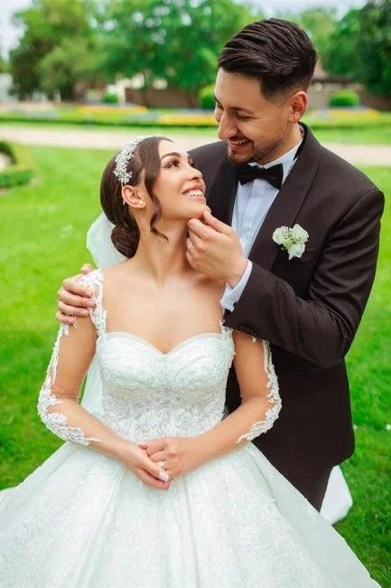 Designer Sweetheart Long White Satin Lace Wedding Dresses With Long Sleeves by misshow.com