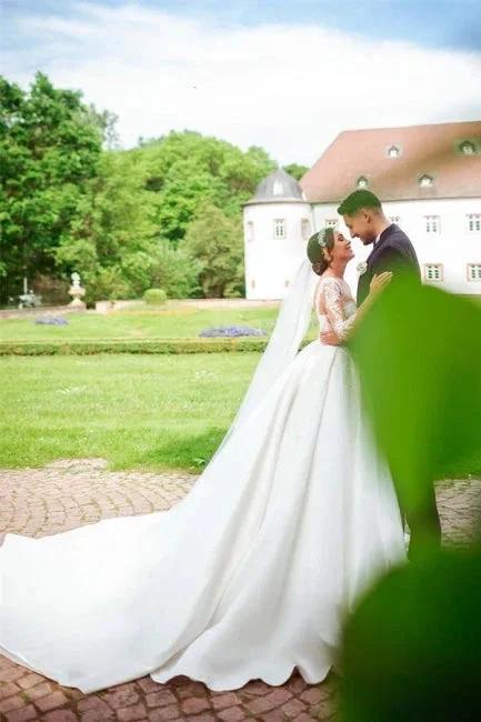 Designer Sweetheart Long White Satin Lace Wedding Dresses With Long Sleeves by misshow.com