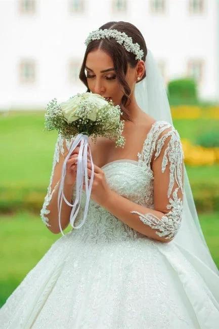 Designer Sweetheart Long White Satin Lace Wedding Dresses With Long Sleeves by misshow.com