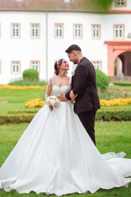 Designer Sweetheart Long White Satin Lace Wedding Dresses With Long Sleeves by misshow.com