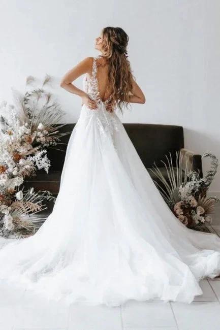 Designer V-neck Boho A-Line Backless Wedding Dresses With Lace by misshow.com