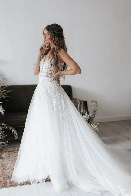 Designer V-neck Boho A-Line Backless Wedding Dresses With Lace by misshow.com