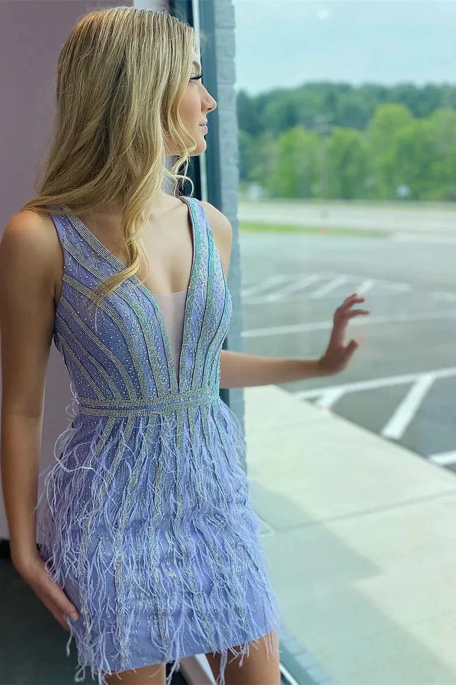Designer V-neck Sleeveless Sequined Backless Homecoming Dress by misshow.com