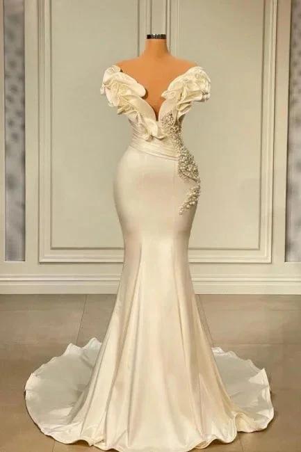 Designer White Long Pearl Ruffle Evening Dresses by misshow.com