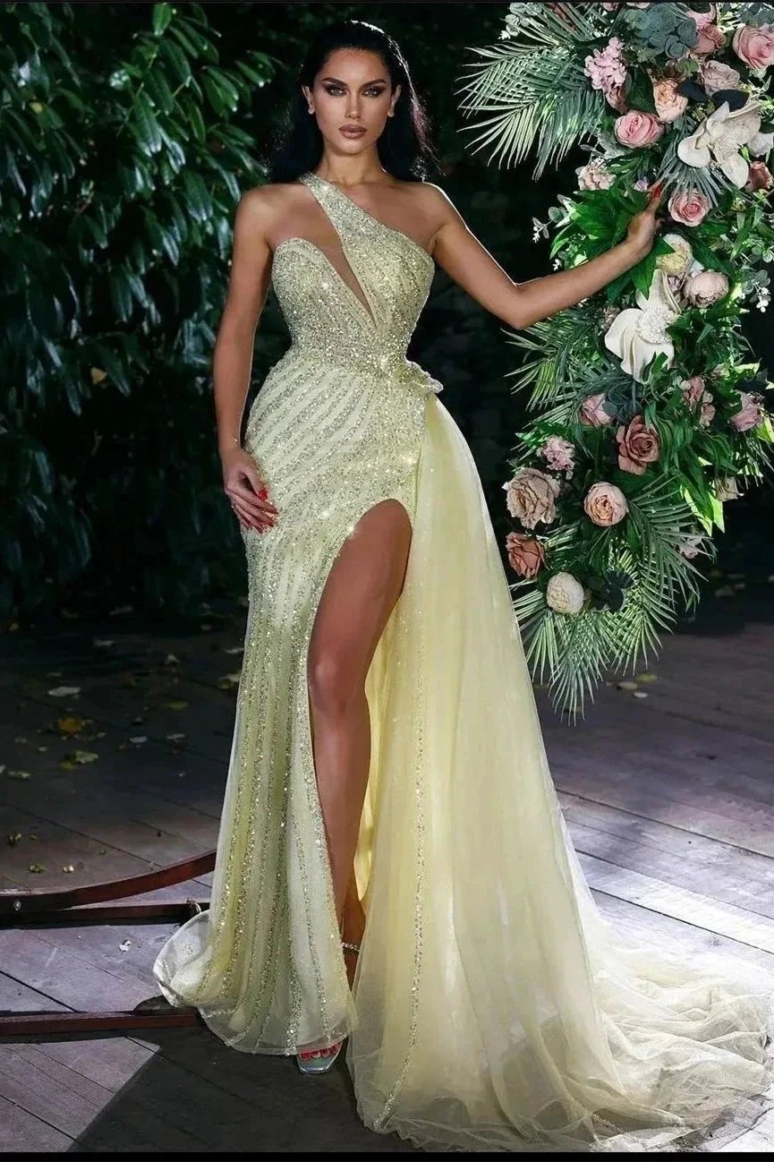 Designer Yellow One Shoulder Sequined Mermaid Prom Dress With Side Slite by misshow.com