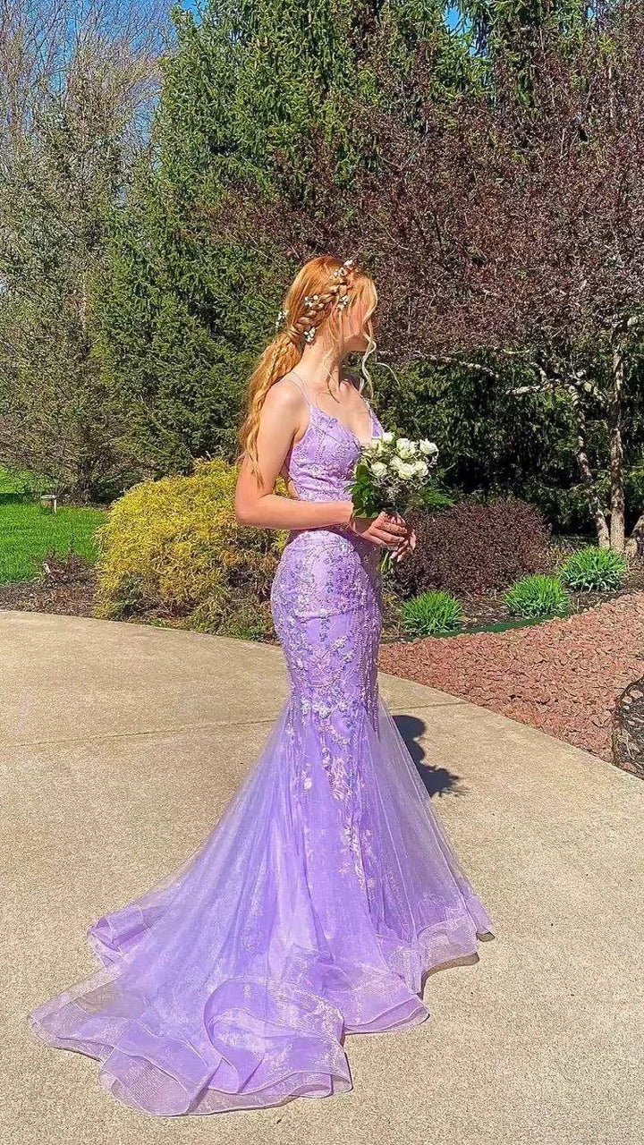 Lavender Spaghetti Straps Mermaid Lace Prom Dress Applique Tulle Long Evening Gown Y1514 by simplepromdress