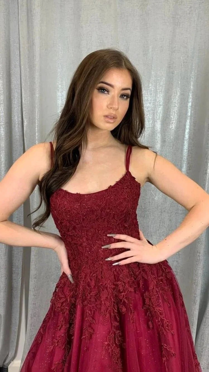 Burgundy tulle lace long prom dress A line evening dress Y1434 by simplepromdress