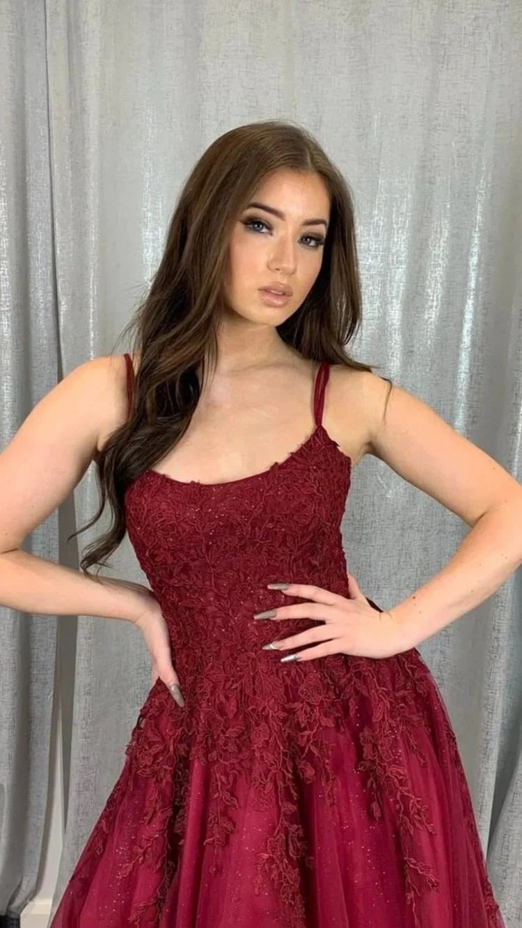 Burgundy tulle lace long prom dress A line evening dress Y1546 by simplepromdress