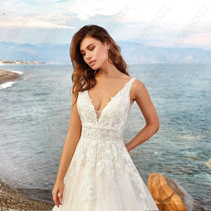 Elegant A-line Wedding Dress For Women Dreamy V-Neck Backless Bride Party Vintage Tulle Vestido De Noiva Minimalistas by payinti