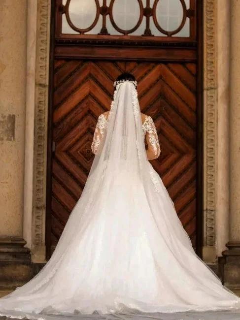 Dignified Sweetheart Appliques Lace Long Sleeve Mermaid Wedding Dresses with Train by misshow.com