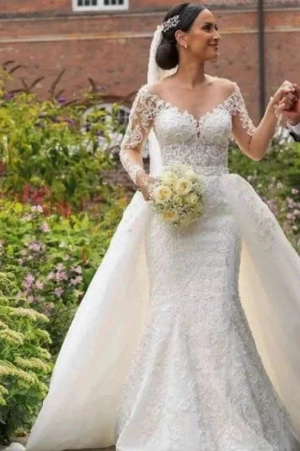 Dignified Sweetheart Appliques Lace Long Sleeve Mermaid Wedding Dresses with Train by misshow.com