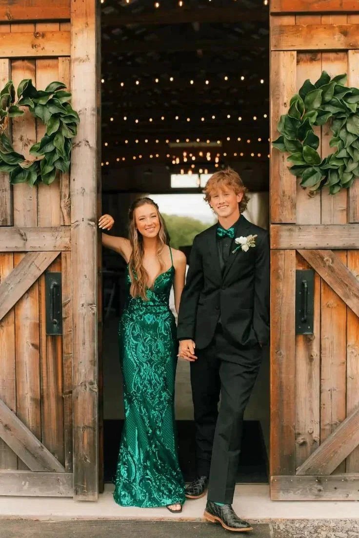 Dominic | Charming Mermaid V Neck Green Sequins Lace Long Prom Dress with Lace-up by KissProm