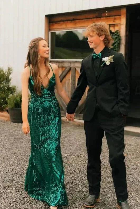 Dominic | Charming Mermaid V Neck Green Sequins Lace Long Prom Dress with Lace-up by KissProm