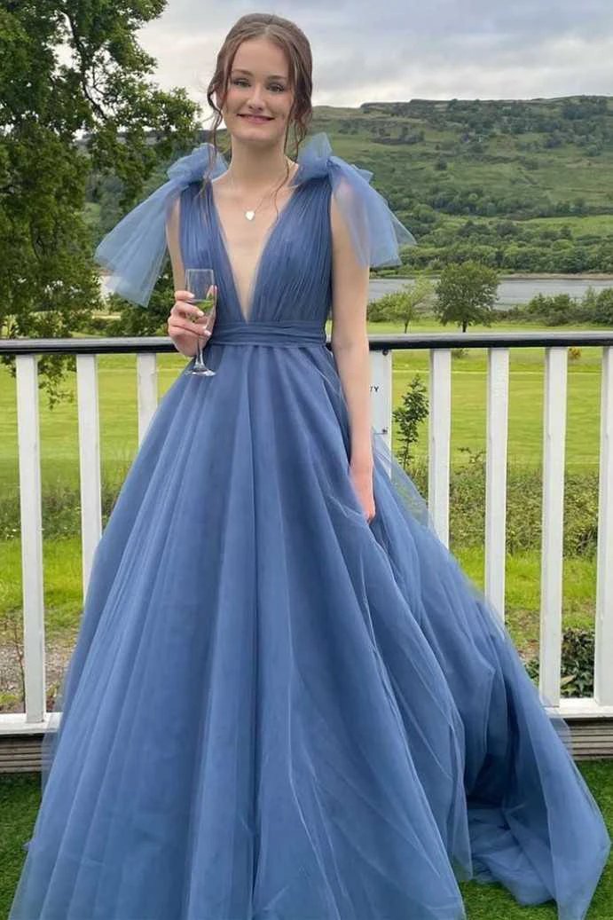 Dark Blue Plunge V Bow-Strap A-Line Long Prom Gown by KissProm