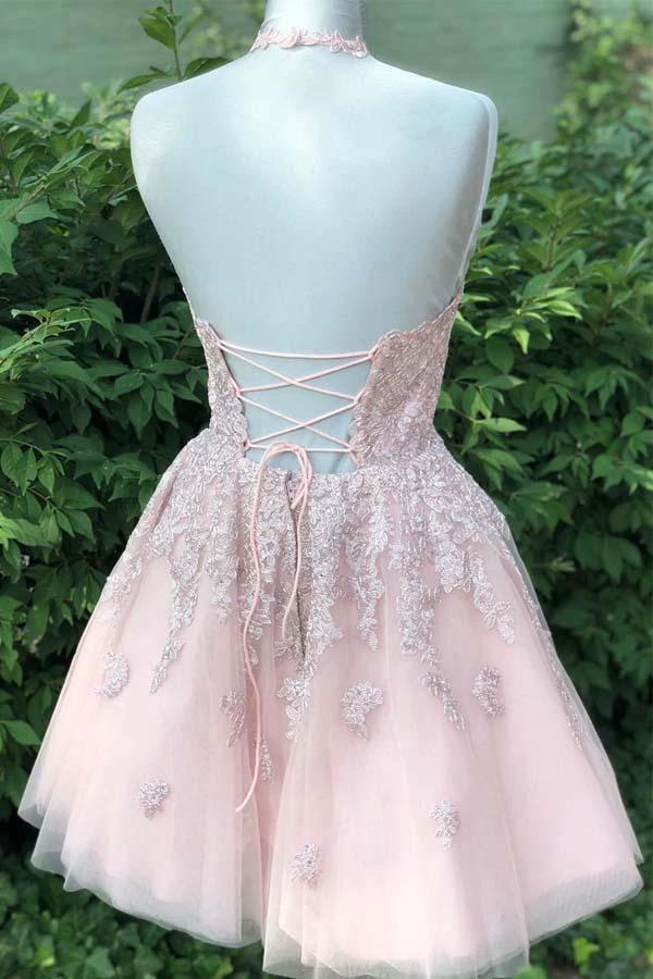 Dusty Blush Tulle Spaghetti Straps V-Neck A-Line Homecoming Dress PD359 by pgmdress