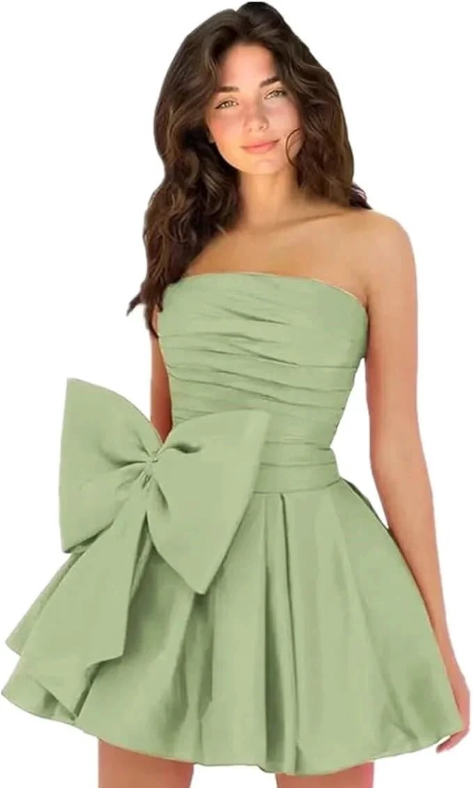 Chic Short Homecoming Dresses A-line Sleeveless Strapless Ruched Lace Up Party Dresses with Bow by Biztunnel