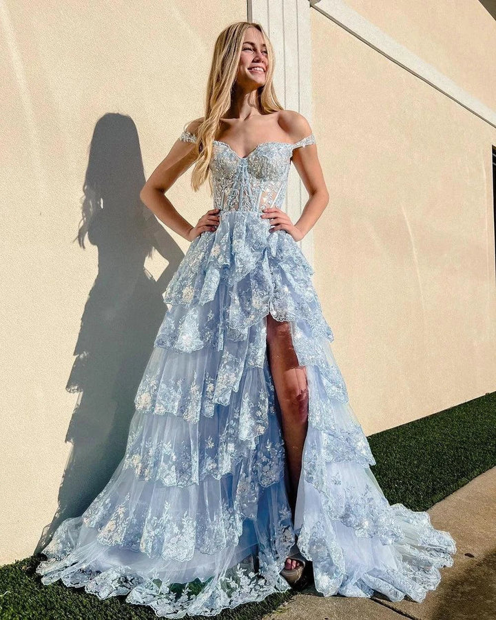 Capri | Blue Crystal Sequins Princess A Line Off the Shoulder Prom Dress with Lace Ruffles by KissProm