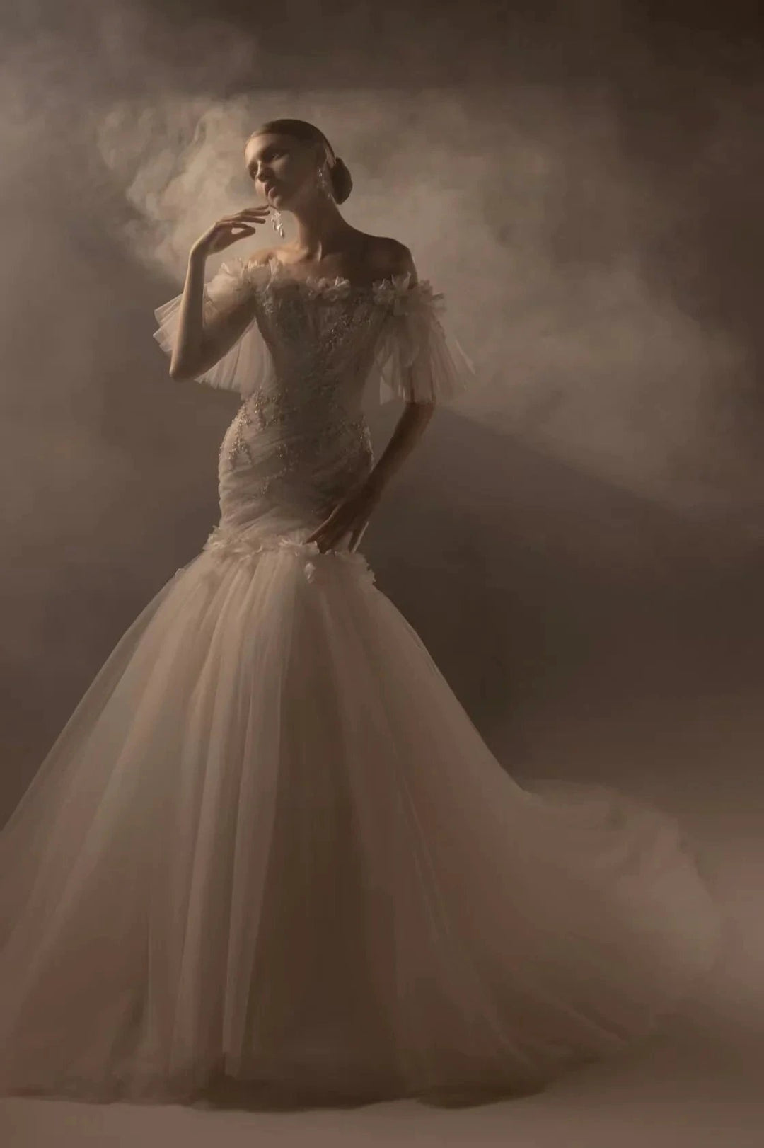 Ethereal Mermaid Off-the-Shoulder Tulle Wedding Dress with Beaded Embroidery &amp; 3D Floral Accents H011 by ZAPDRESS