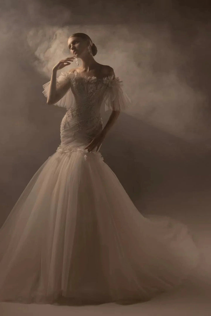 Ethereal Mermaid Off-the-Shoulder Tulle Wedding Dress with Beaded Embroidery &amp; 3D Floral Accents H011 by ZAPDRESS